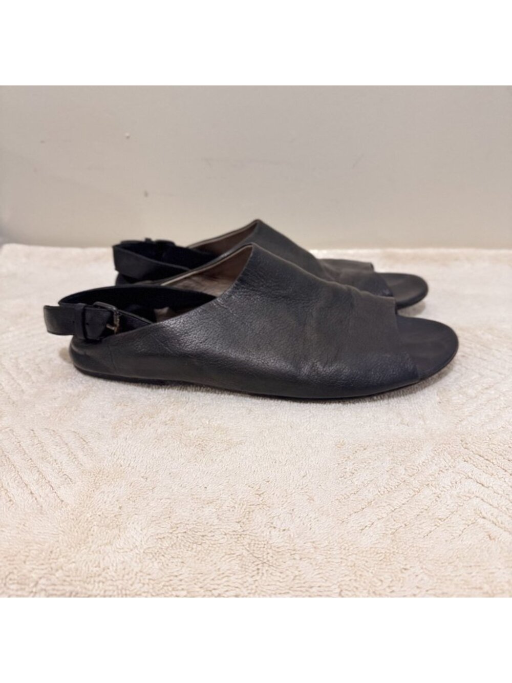 Marsèll Women Black Leather Slingback Flat Sandals Peep Toe Buckle Italy 10.5